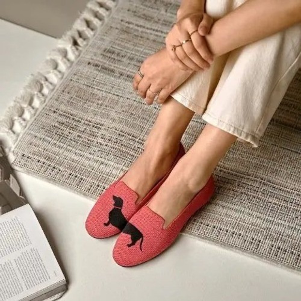 VIVAIA Audrey Multi Coral Dachshund Dog Knit Flats Loafers EU 38.5 US 7.5 - Picture 2 of 12